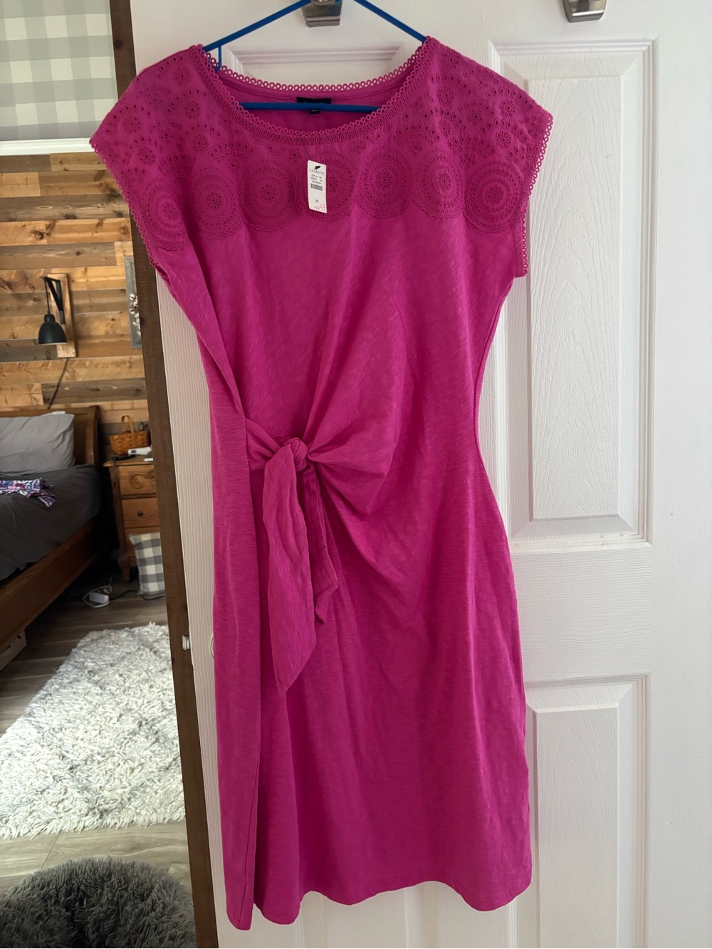 Talbots Bright Pink Tie-Waist Lace Yoke Women's Dress - Picture 3 of 7